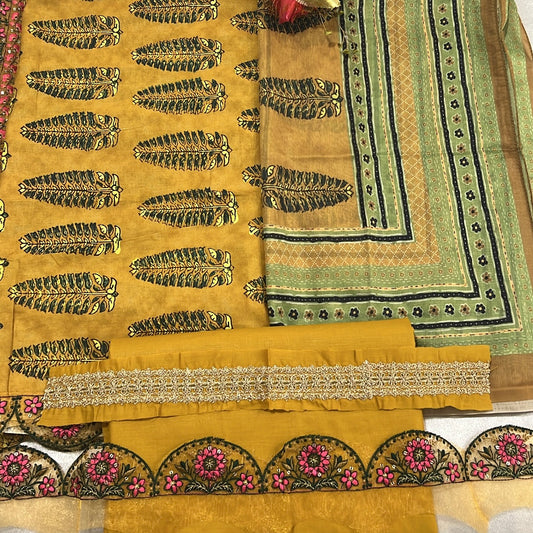 YELLOW TANJORE LAWN NECK EMBROIDERY BLACK SUIT