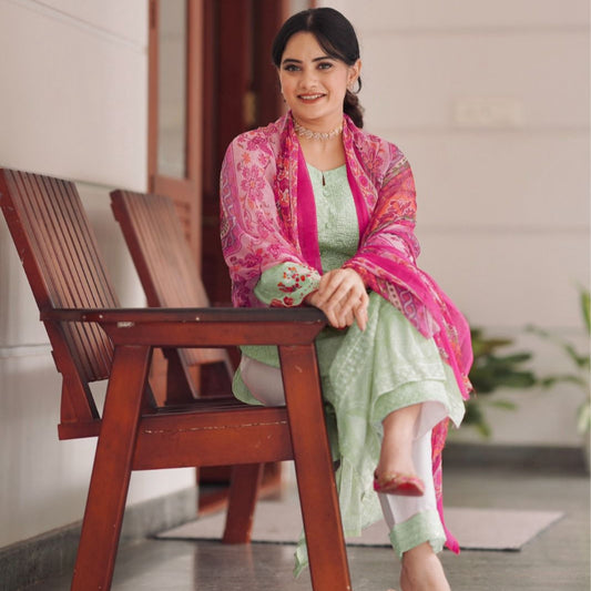 HARSHA PISTA GREEN COTTON EMBROIDERY PATCH SUIT