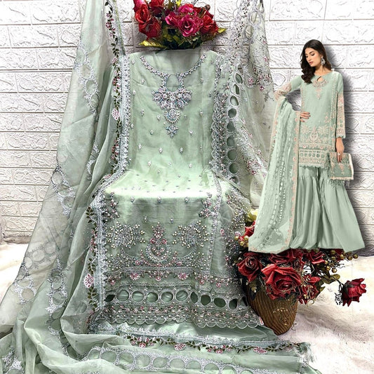 GREEN ORGANZA EMBROIDERY SUIT F 1781