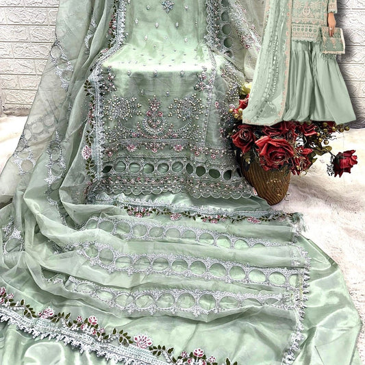 GREEN ORGANZA EMBROIDERY SUIT F 1781